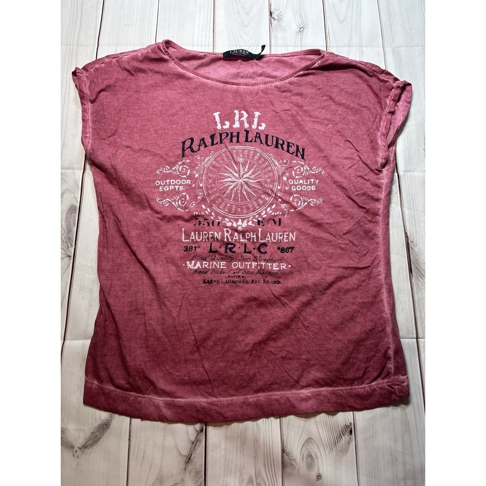 Lauren Ralph Lauren Vintage Washed Pink Red Graphic Top Women Large Short Sleeve